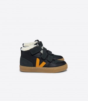 VEJA V-10 MID FURED LEATHER BLACK OURO GRAFITE | VJ24809